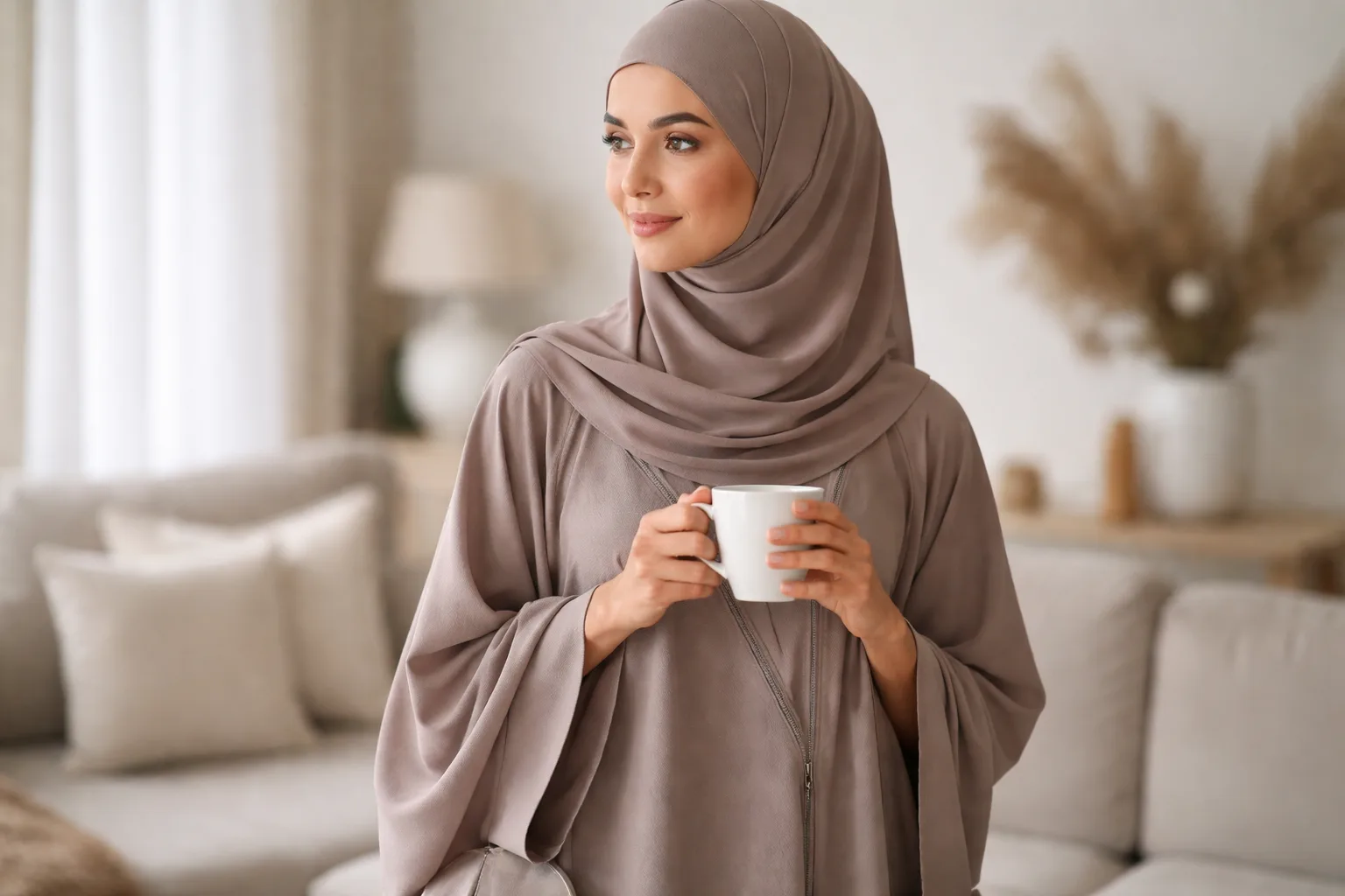 woman in abaya and matching hijab at home
