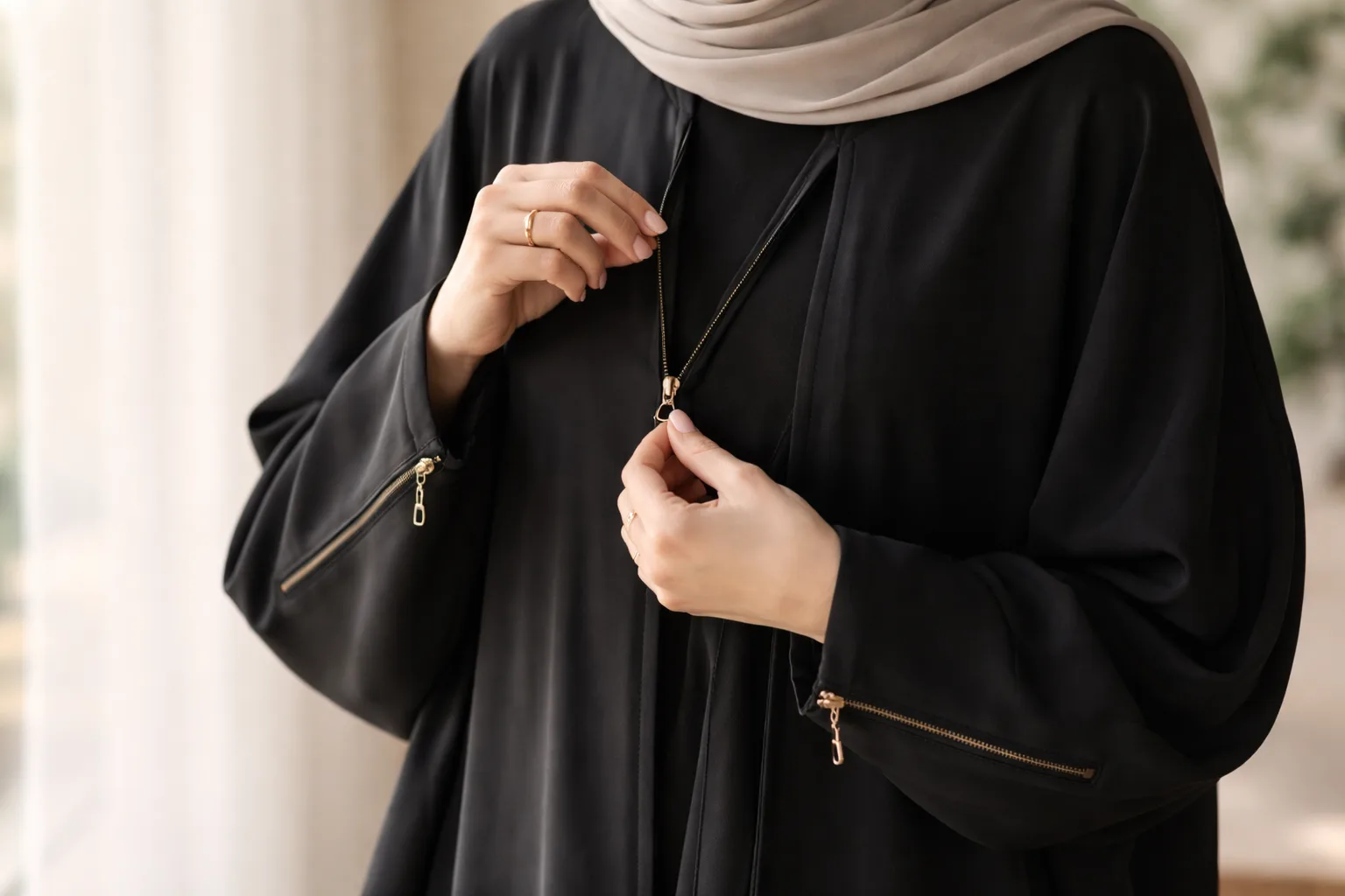 hand opening hidden front zip on abaya sleeve and chest